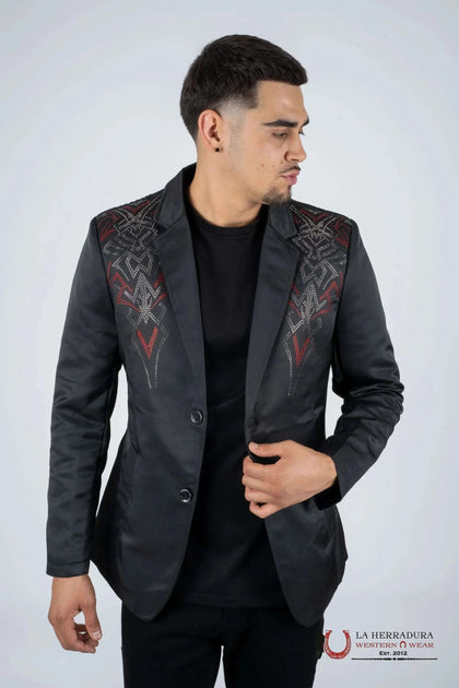 PLATINI MENS BLACK BLAZER WITH RED AND SILVER RHINESTONES- BLZ8100