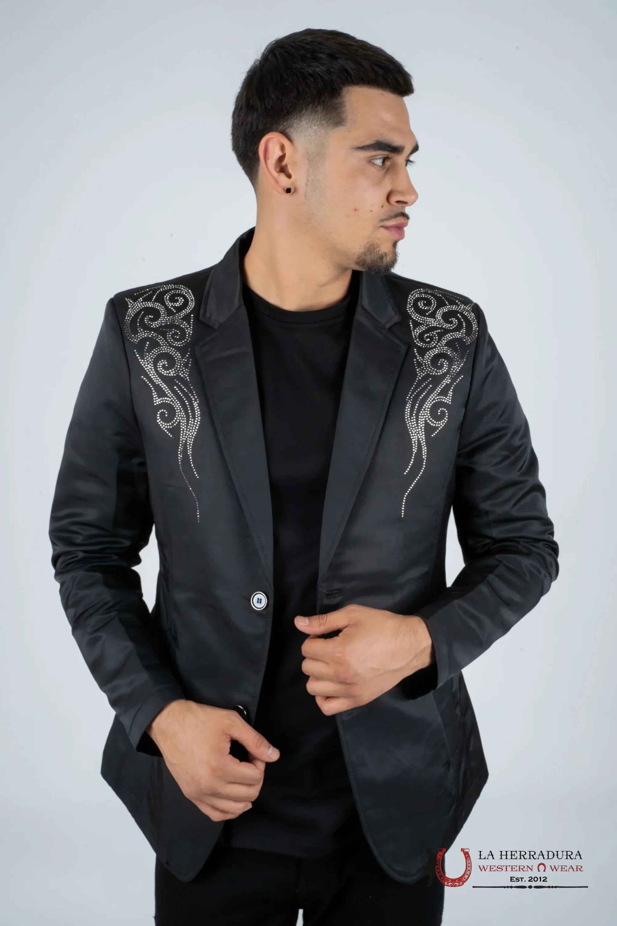 PLATINI MENS BLACK BLAZER WITH SILVER RHINESTONES- BLZ8098 ROPA HOMBRES