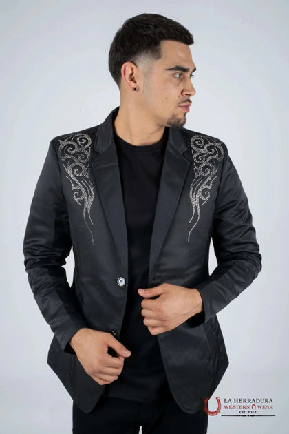 PLATINI MENS BLACK BLAZER WITH SILVER RHINESTONES- BLZ8098