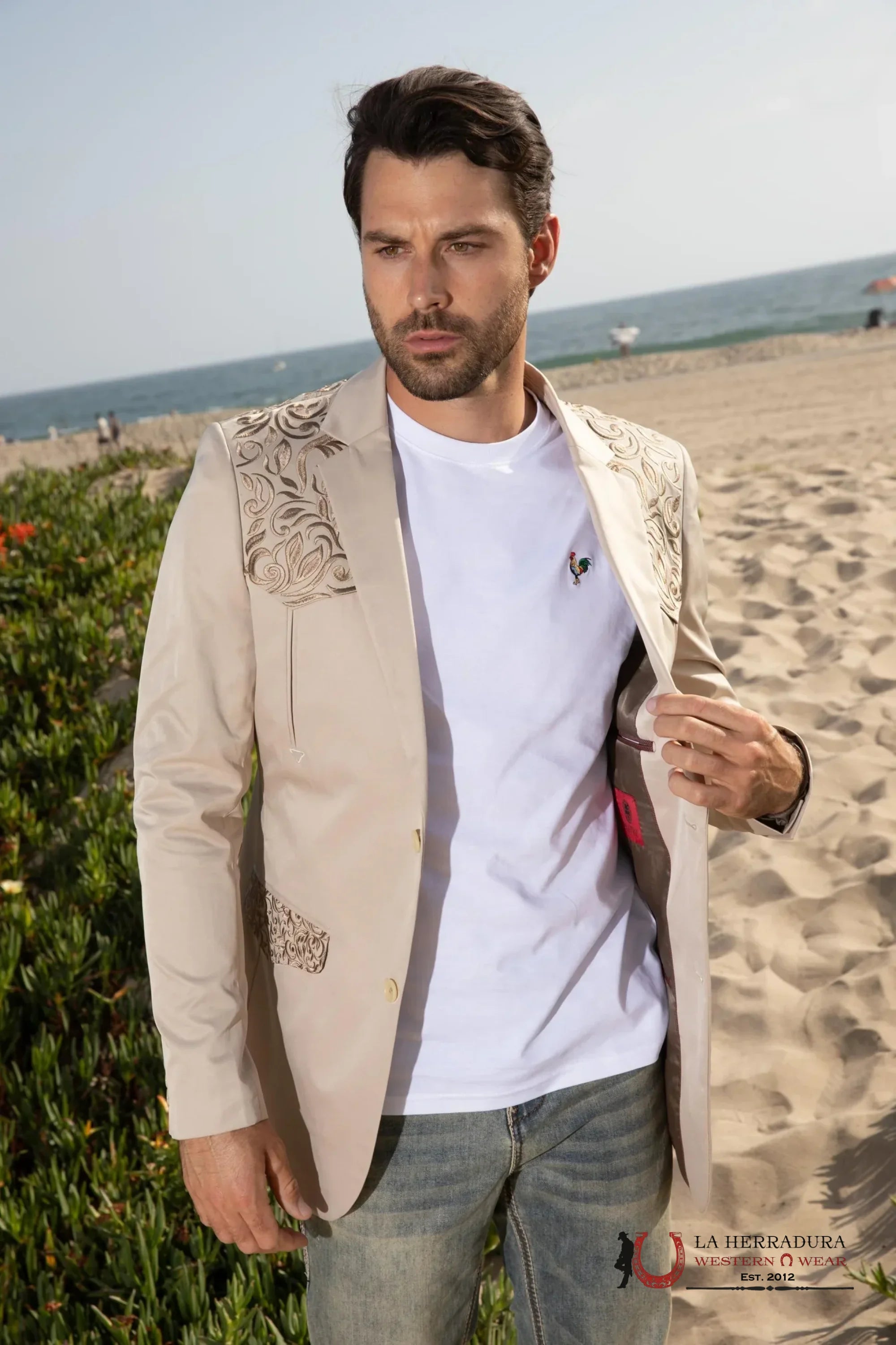 MENS BLAZER EMEMBROIDE BEIGE EBZ10139 BORDADO ROPA HOMBRES