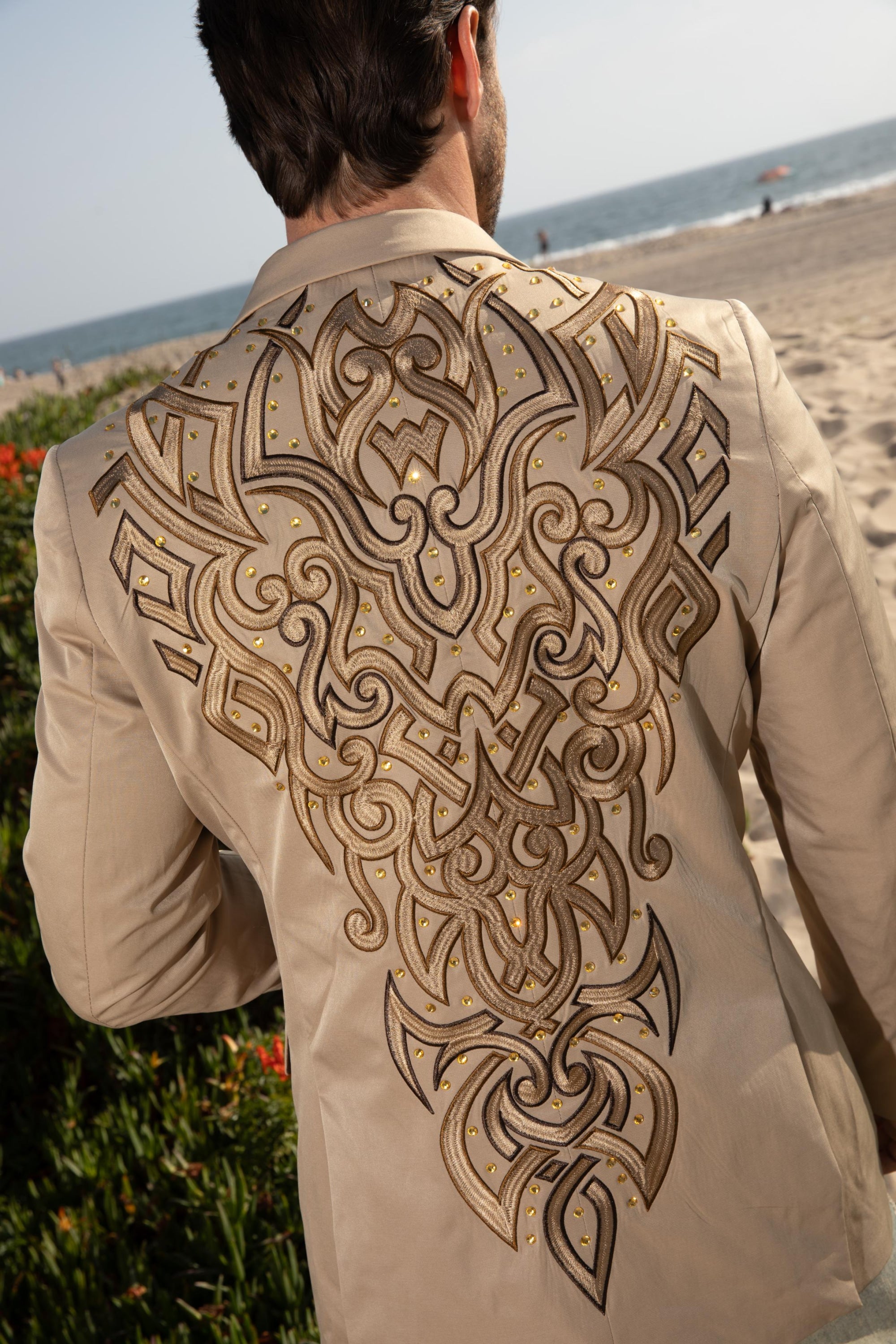 PLATINI BROW EMBROIDERY FASHION KHAKI BLAZER - EBZ10135 ROPA HOMBRES