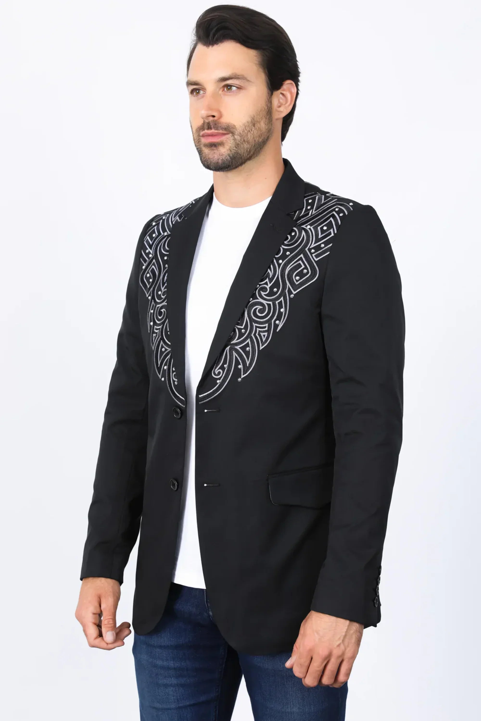 PLATINI MENS EMBROIDERY FASHION BLAZER BLACK - EBZ10134 ROPA HOMBRES