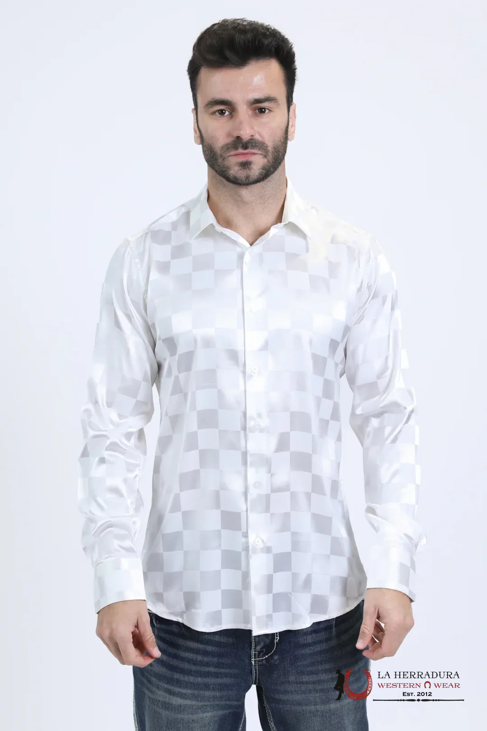 Platini Mens Jacquard Fabric Print Modern Fit Long Sleeve White Shirt - 10720 ROPA HOMBRES