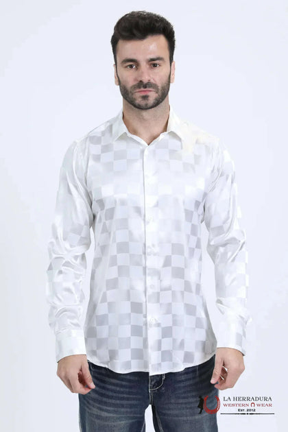 PLATINI MENS JACQUARD FABRIC PRINT MODERN FIT LONG SLEEVE WHITE SHIRT - JQL10720