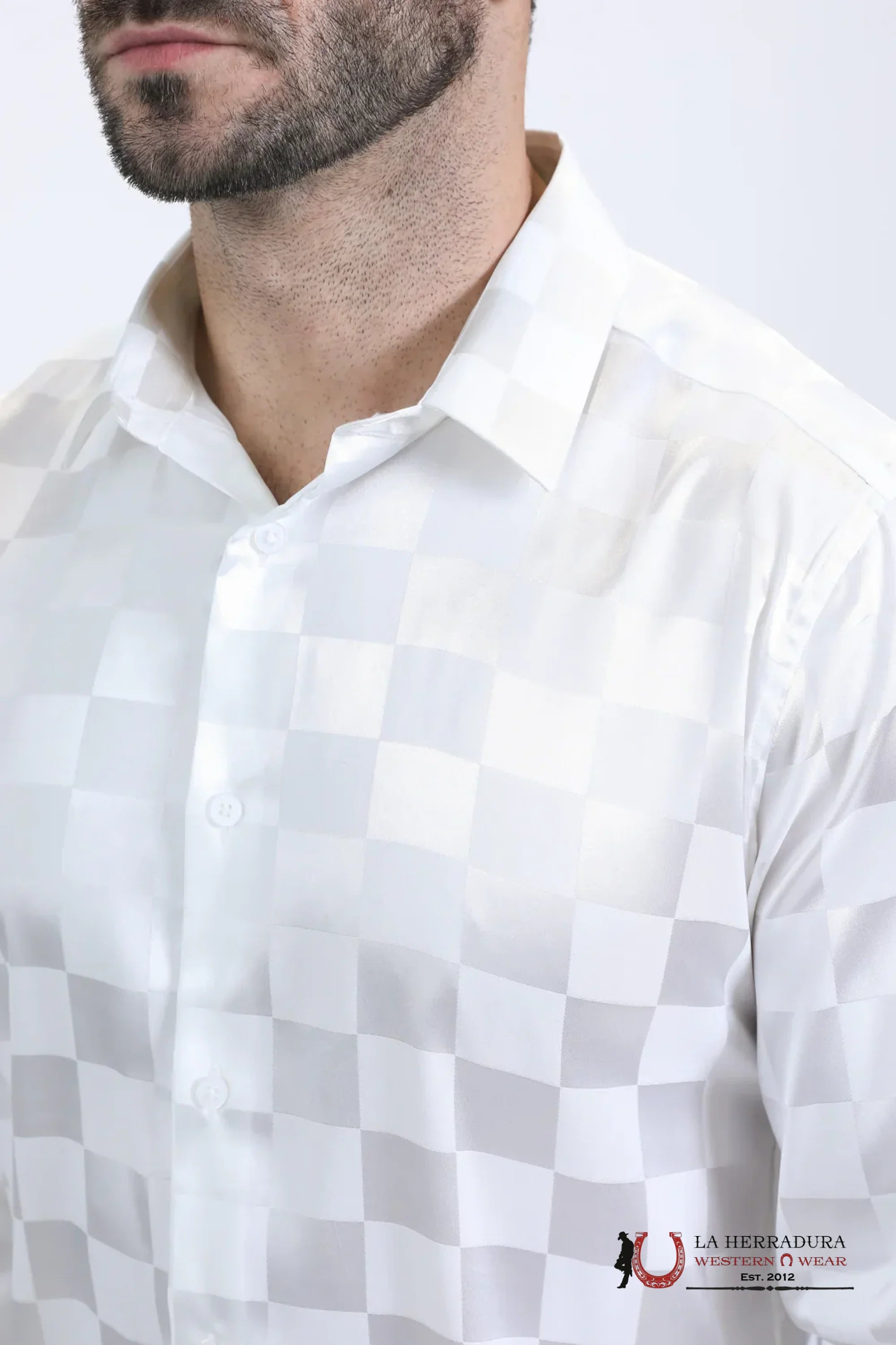 Platini Mens Jacquard Fabric Print Modern Fit Long Sleeve White Shirt - 10720 ROPA HOMBRES