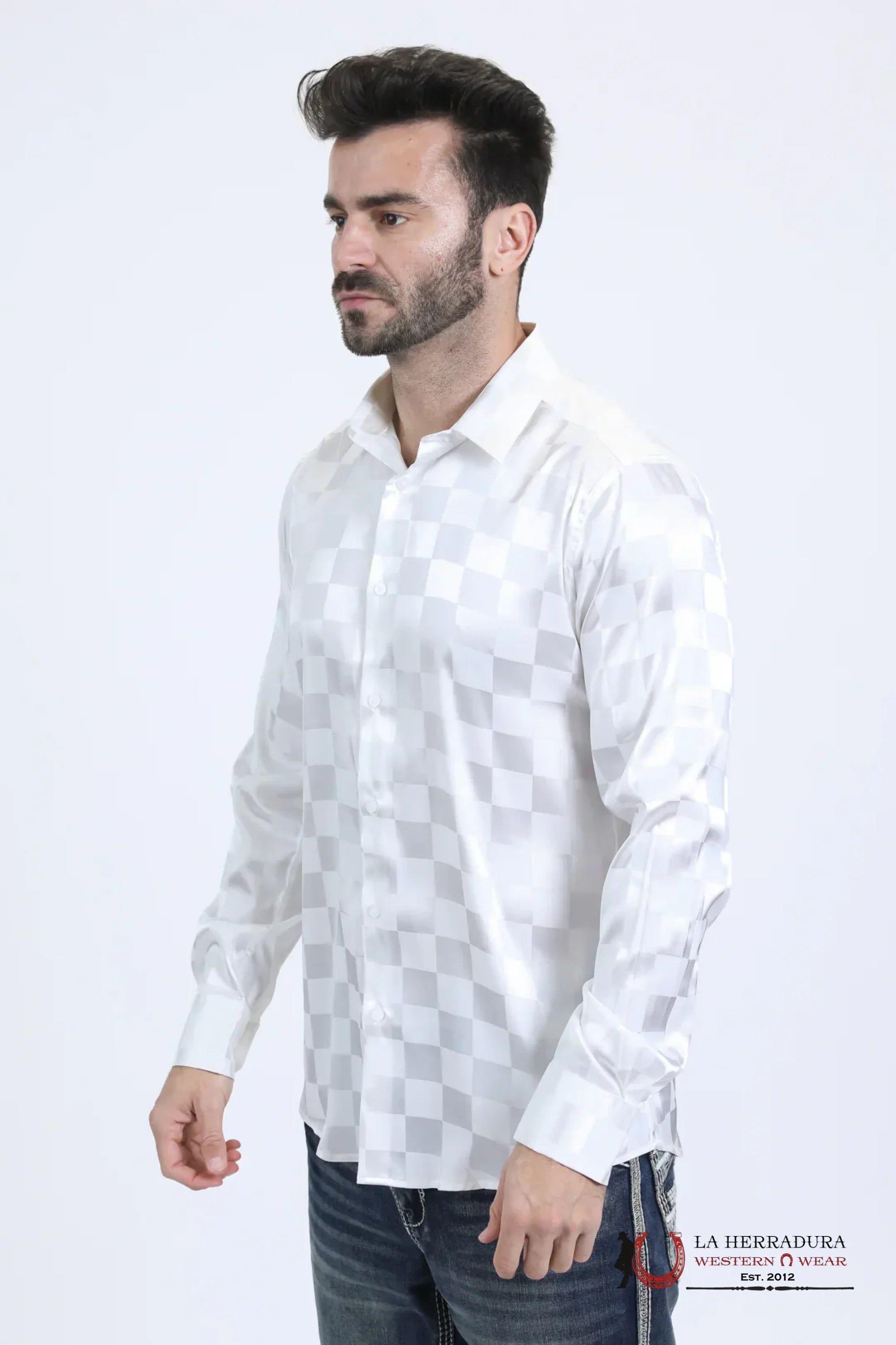 Platini Mens Jacquard Fabric Print Modern Fit Long Sleeve White Shirt - 10720 ROPA HOMBRES