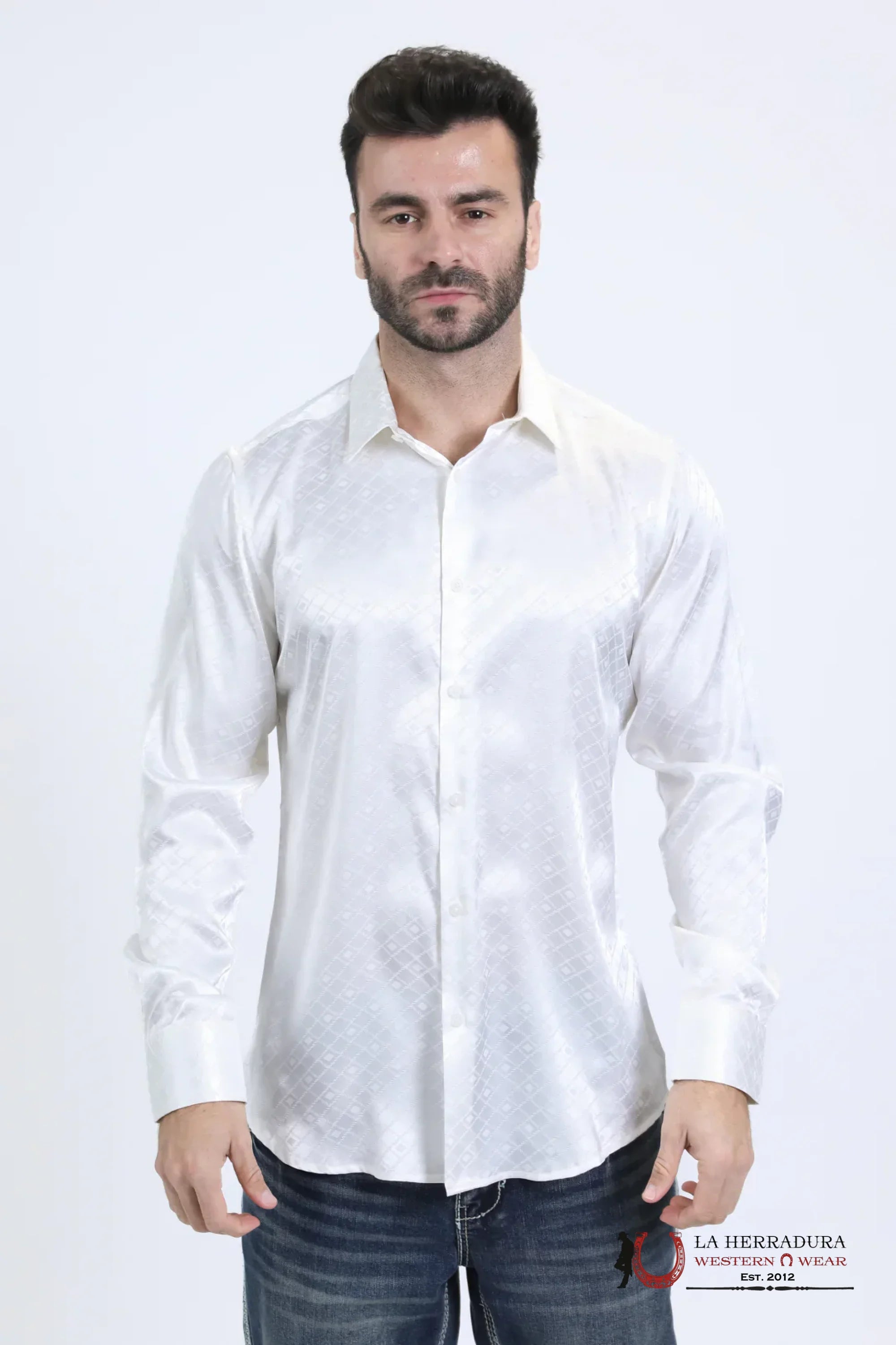 Platini Mens Jacquard Fabric Print Modern Fit Long Sleeve White Shirt - 10722 ROPA HOMBRES
