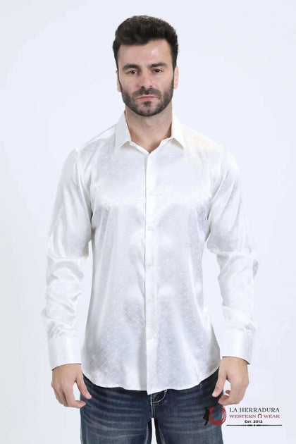 CAMISA BLANCA DE MANGA LARGA PLATINI DE CORTE MODERNO CON ESTAMPADO DE TELA JACQUARD PARA HOMBRE - JQL10722