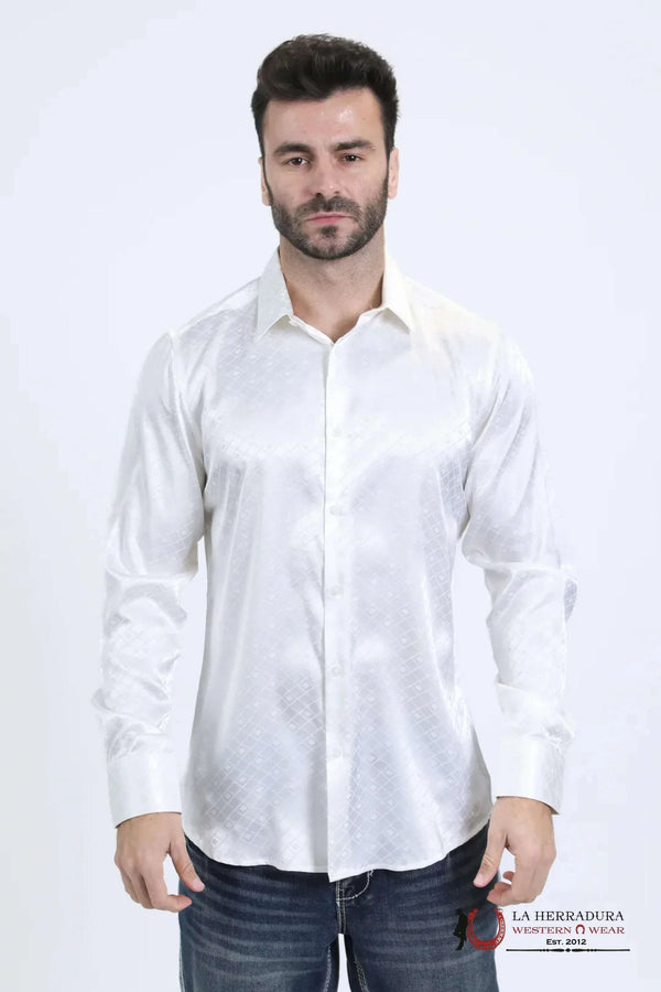 PLATINI MENS JACQUARD FABRIC PRINT MODERN FIT LONG SLEEVE WHITE SHIRT - JQL10722