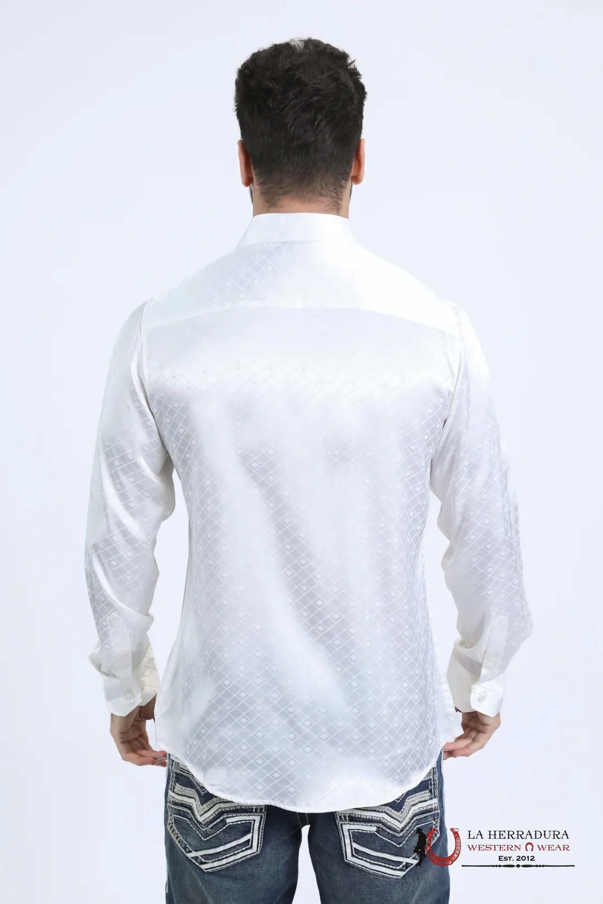 Platini Mens Jacquard Fabric Print Modern Fit Long Sleeve White Shirt - 10722 ROPA HOMBRES