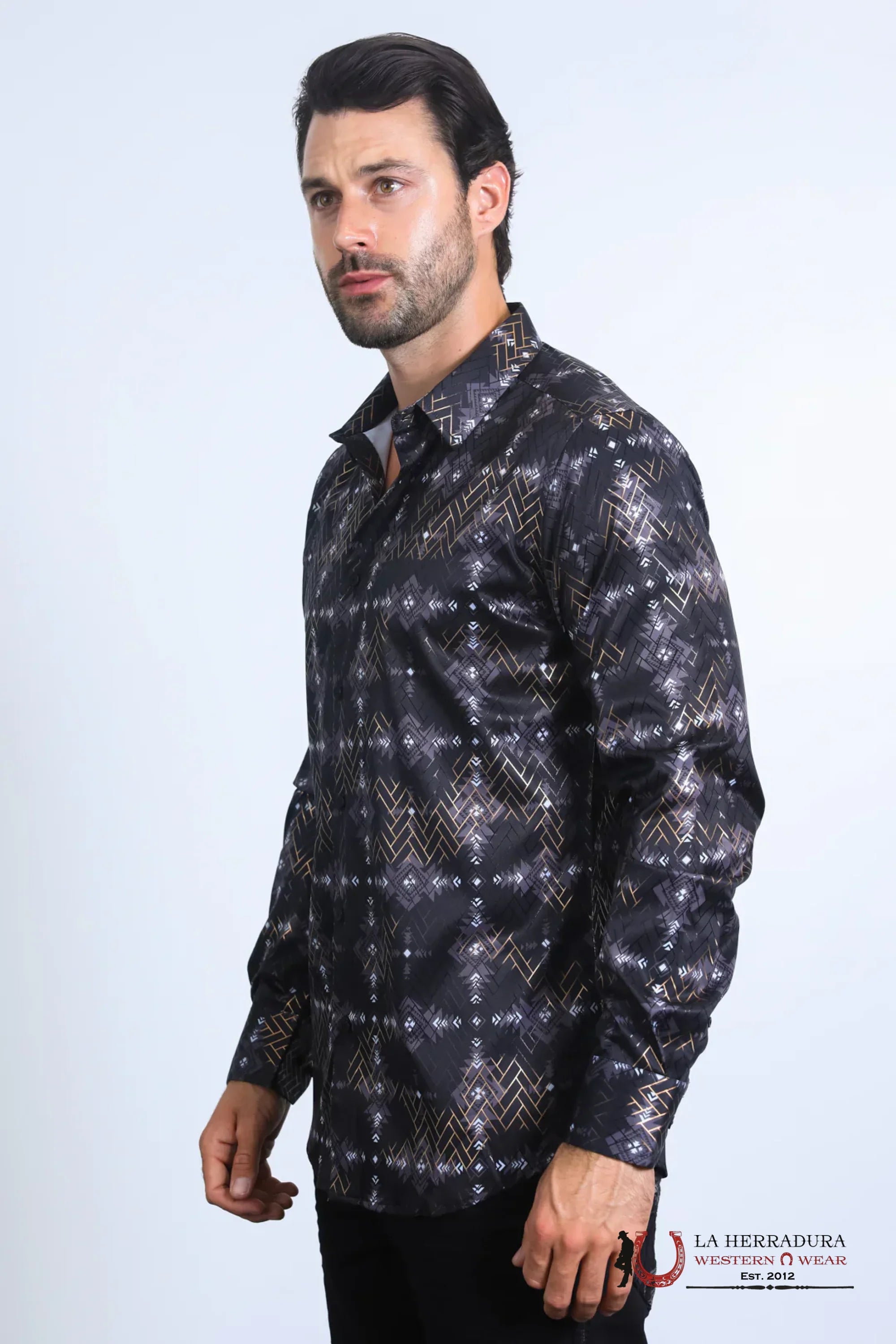 Platini Mens Long Sleeve Modern Fit Stretch Foil Fashion Black Shirt - 10569 ROPA HOMBRES