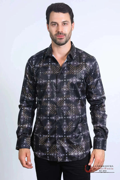 Platini Mens Long Sleeve Modern Fit Stretch Foil Fashion Black Shirt - FPL10569
