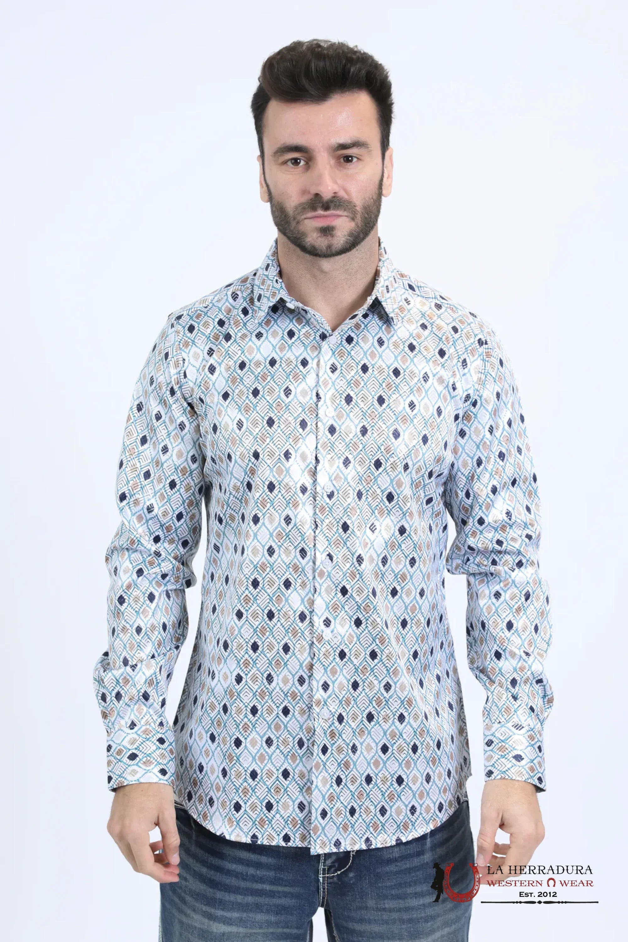 Platini Mens Long Sleeve Modern Fit Stretch Foil Fashion White Shirt - 10730 ROPA HOMBRES