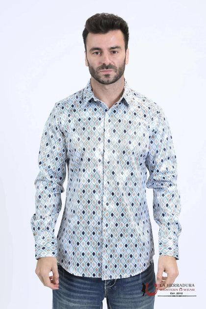 Platini Mens Long Sleeve Modern Fit Stretch Foil Fashion White Shirt - FPL10730