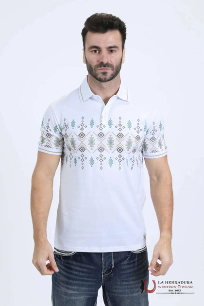 PLATINI MENS MODERN FIT STRETCH COTTON WHITE POLO WITH AZTEC PRINT - 10862