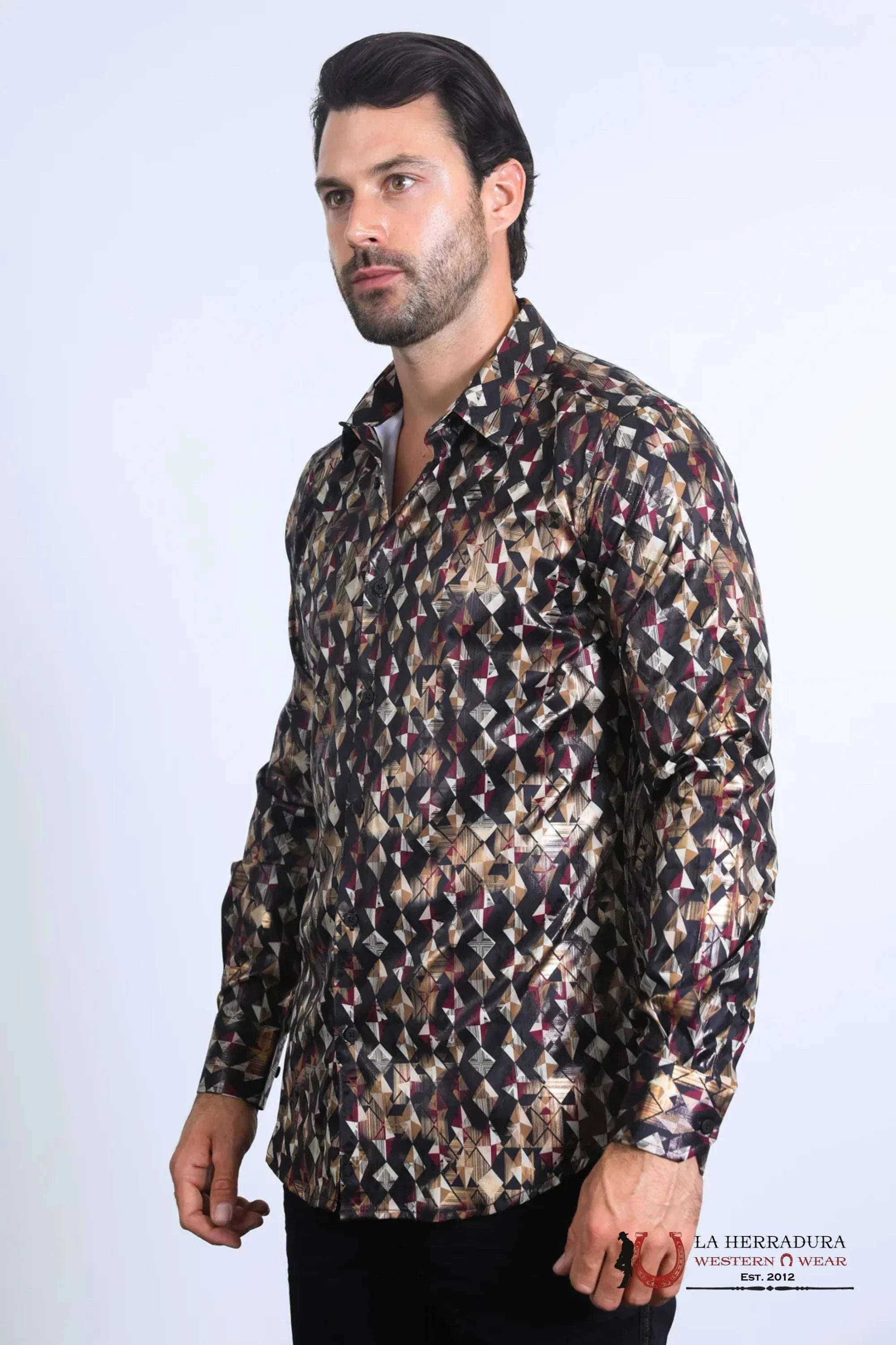 Platini Mens Modern Fit Stretch Foil Fashion Black Shirt - FPL10585 ROPA HOMBRES