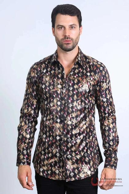 PLATINI MENS MODERN FIT STRETCH FOIL FASHION BLACK SHIRT - FPL10585