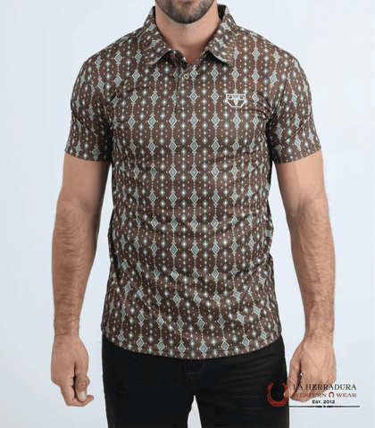 CAMISA MARRÓN DE MANGA CORTA ELÁSTICA CON EFECTO LÁMINA, DE CORTE MODERNO PARA HOMBRE PLATININ - PGP11017