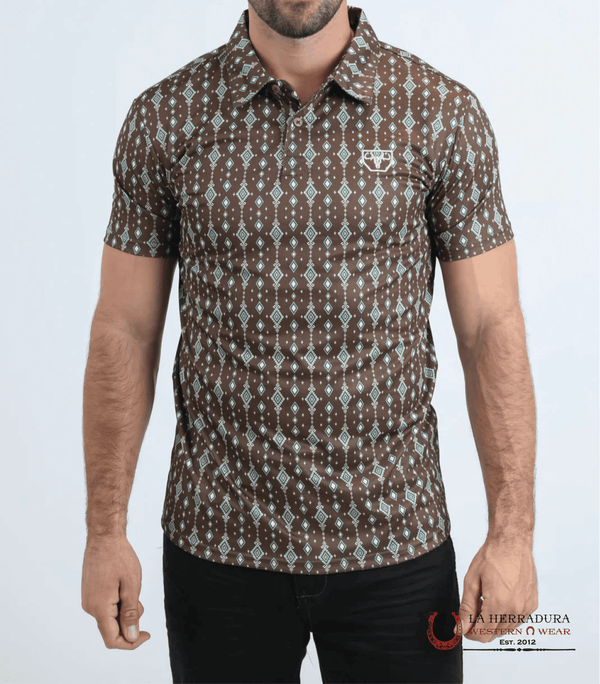 CAMISA MARRÓN DE MANGA CORTA ELÁSTICA CON EFECTO LÁMINA, DE CORTE MODERNO PARA HOMBRE PLATININ - PGP11017