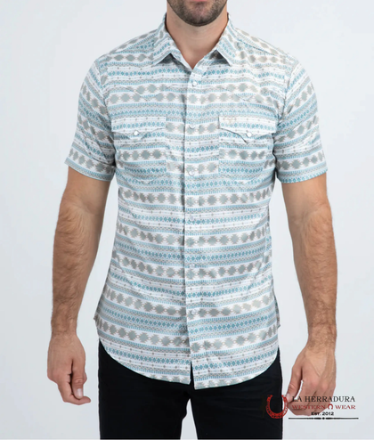 PLATINI CAMISA DE MANGA CORTA DE MODA CON ESTAMPADO METALIZADO ELÁSTICO DE CORTE MODERNO BLANCA - PGW11147
