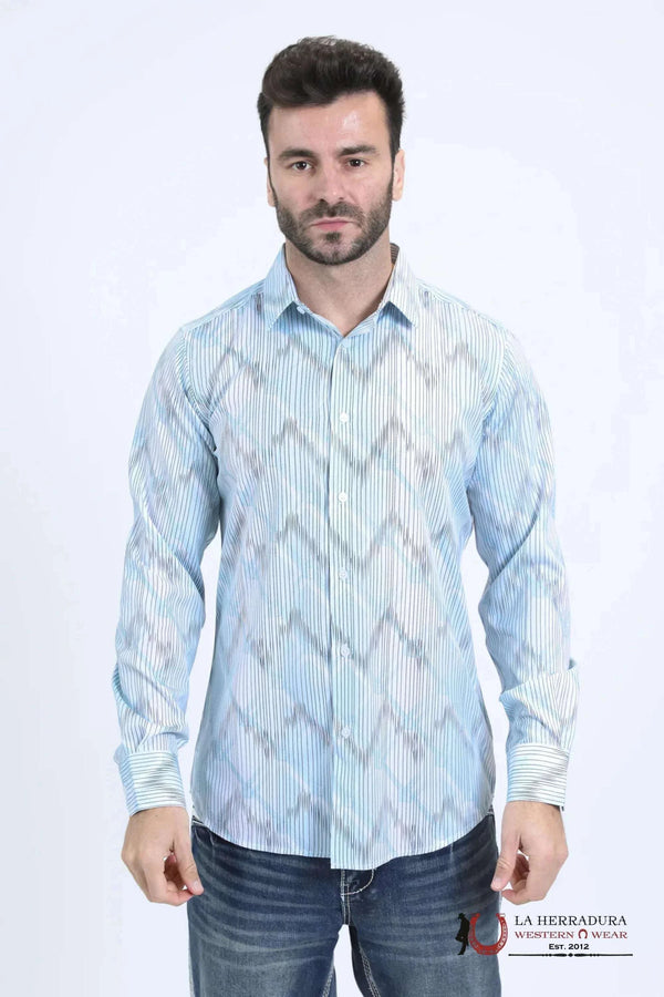 PLATINI CAMISA BLANCA DE MODA CON ESTAMPADO METALIZADO Y ELASTICIDAD PARA HOMBRE, CORTE MODERNO - FPL10736