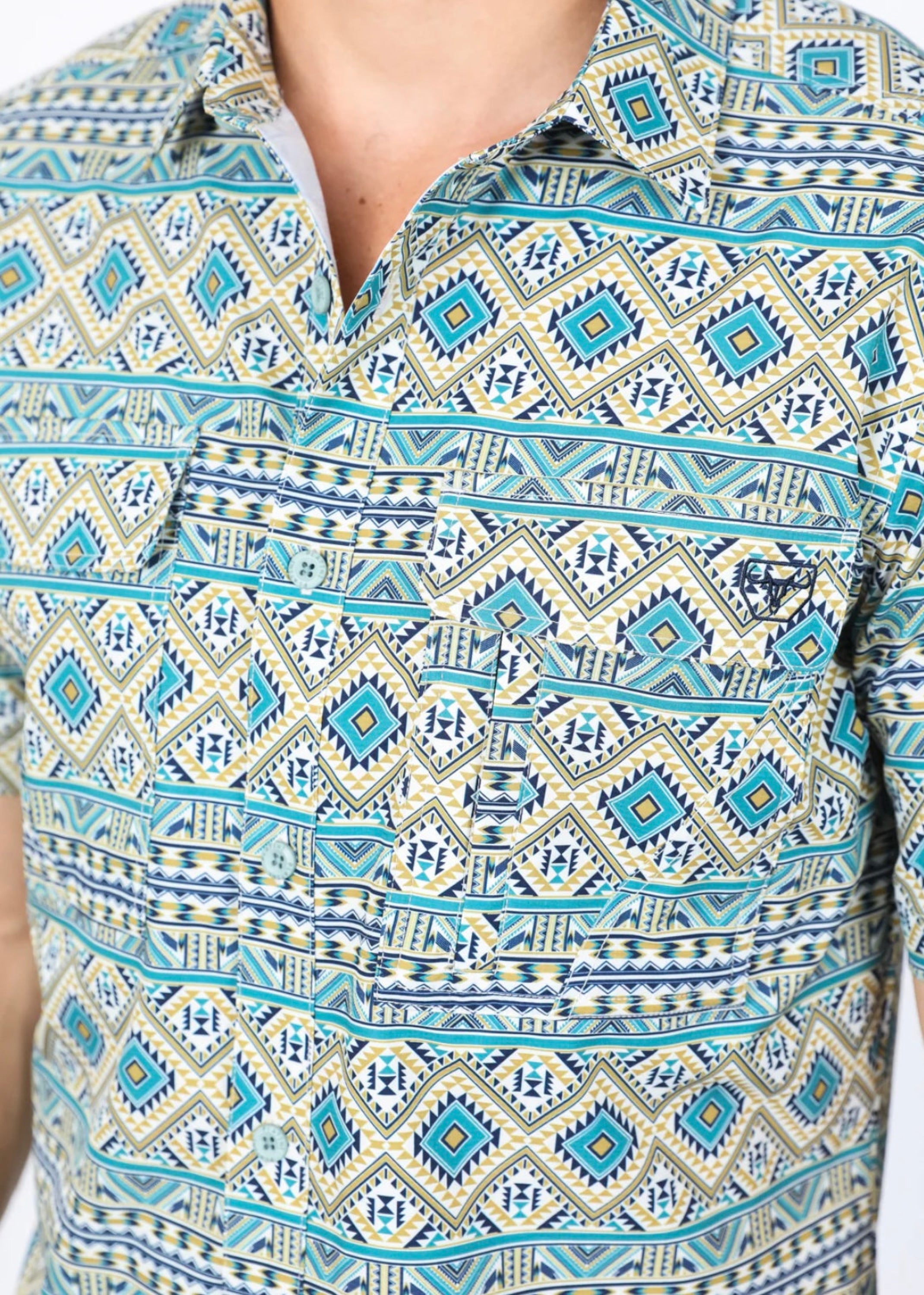 Platini Mens Performance Classic Fit Western Short Sleeve Aztec Print Beige Shirt - 0471 Ropa