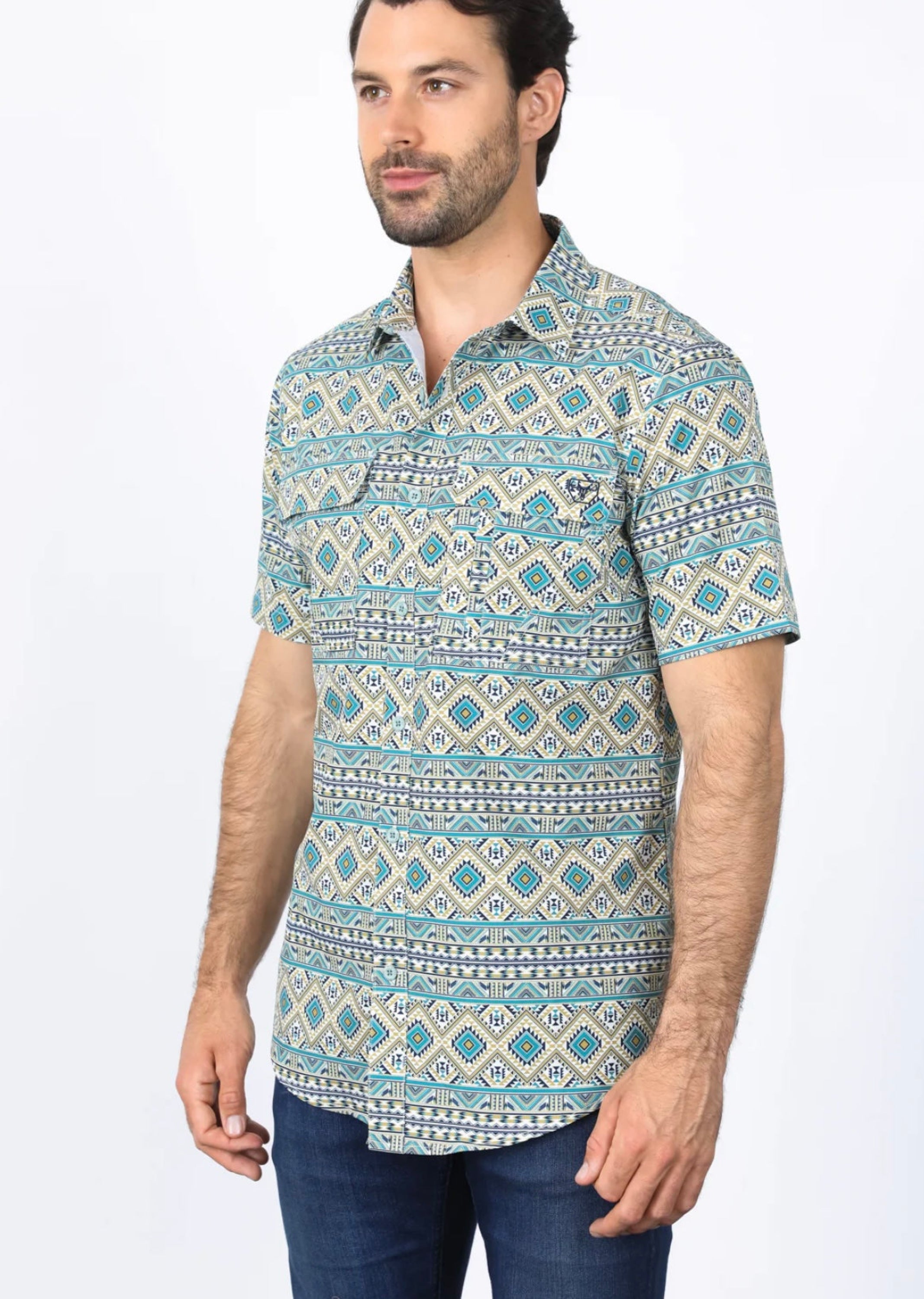 Platini Mens Performance Classic Fit Western Short Sleeve Aztec Print Beige Shirt - 0471 Ropa