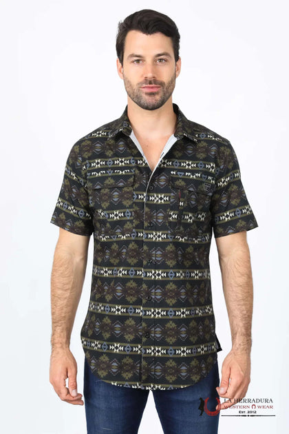 PLATINI MENS PERFORMANCE CLASSIC FIT WESTERN SHORT SLEEVE AZTEC PRINT BLACK SHIRT - 10472