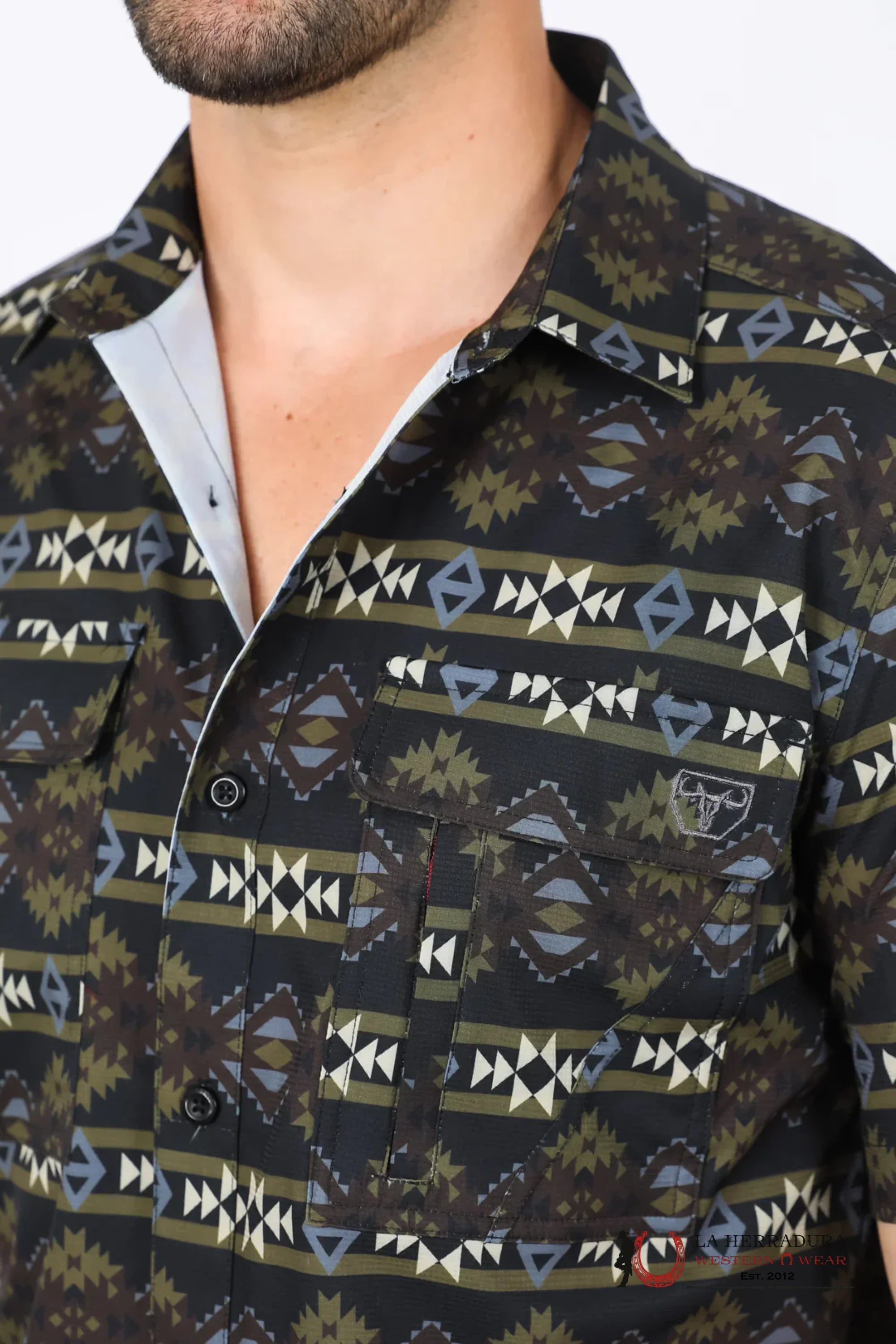 Platini Mens Performance Classic Fit Western Short Sleeve Aztec Print Black Shirt - 10472 ROPA HOMBRES