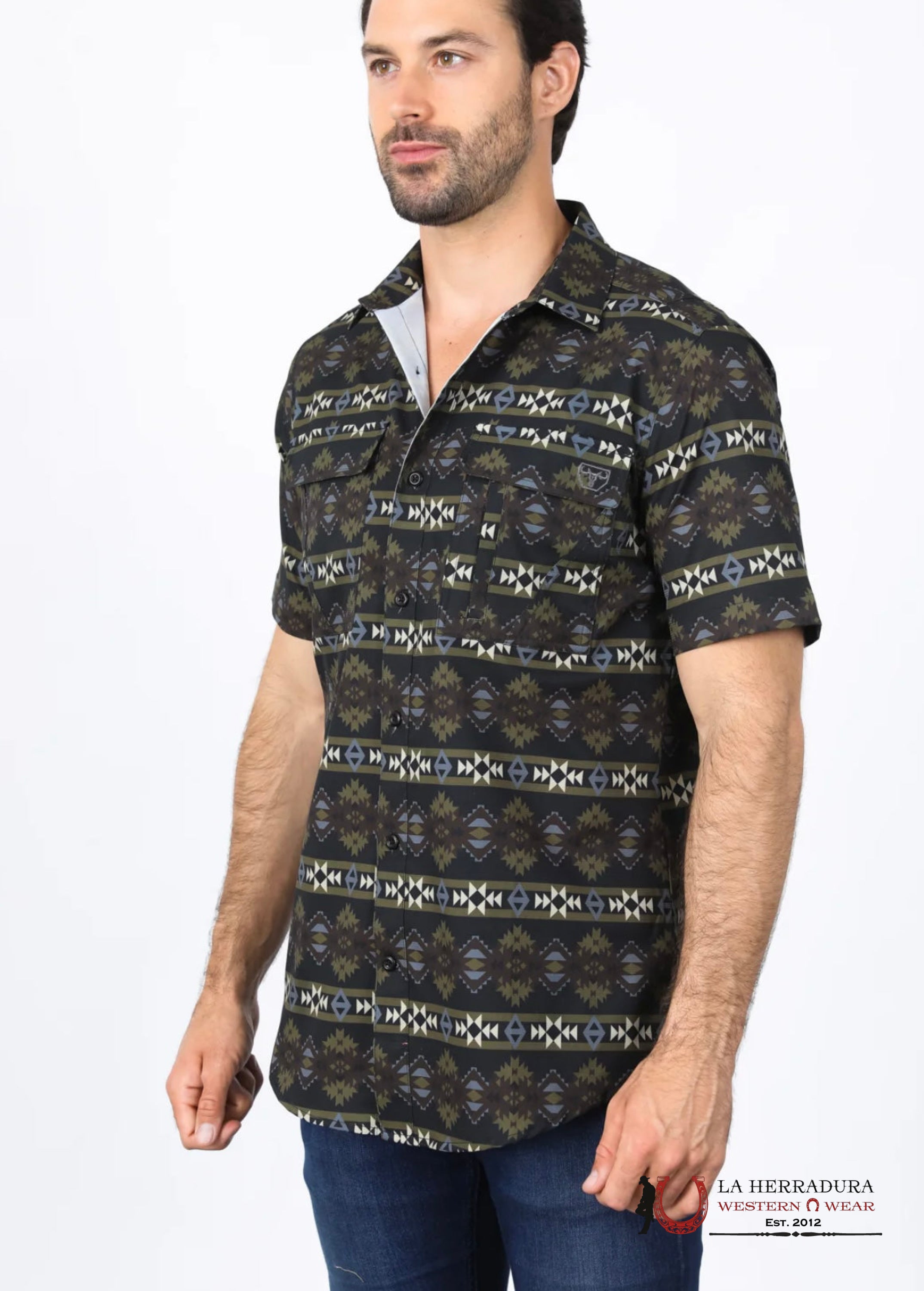 Platini Mens Performance Classic Fit Western Short Sleeve Aztec Print Black Shirt - 0472 Ropa
