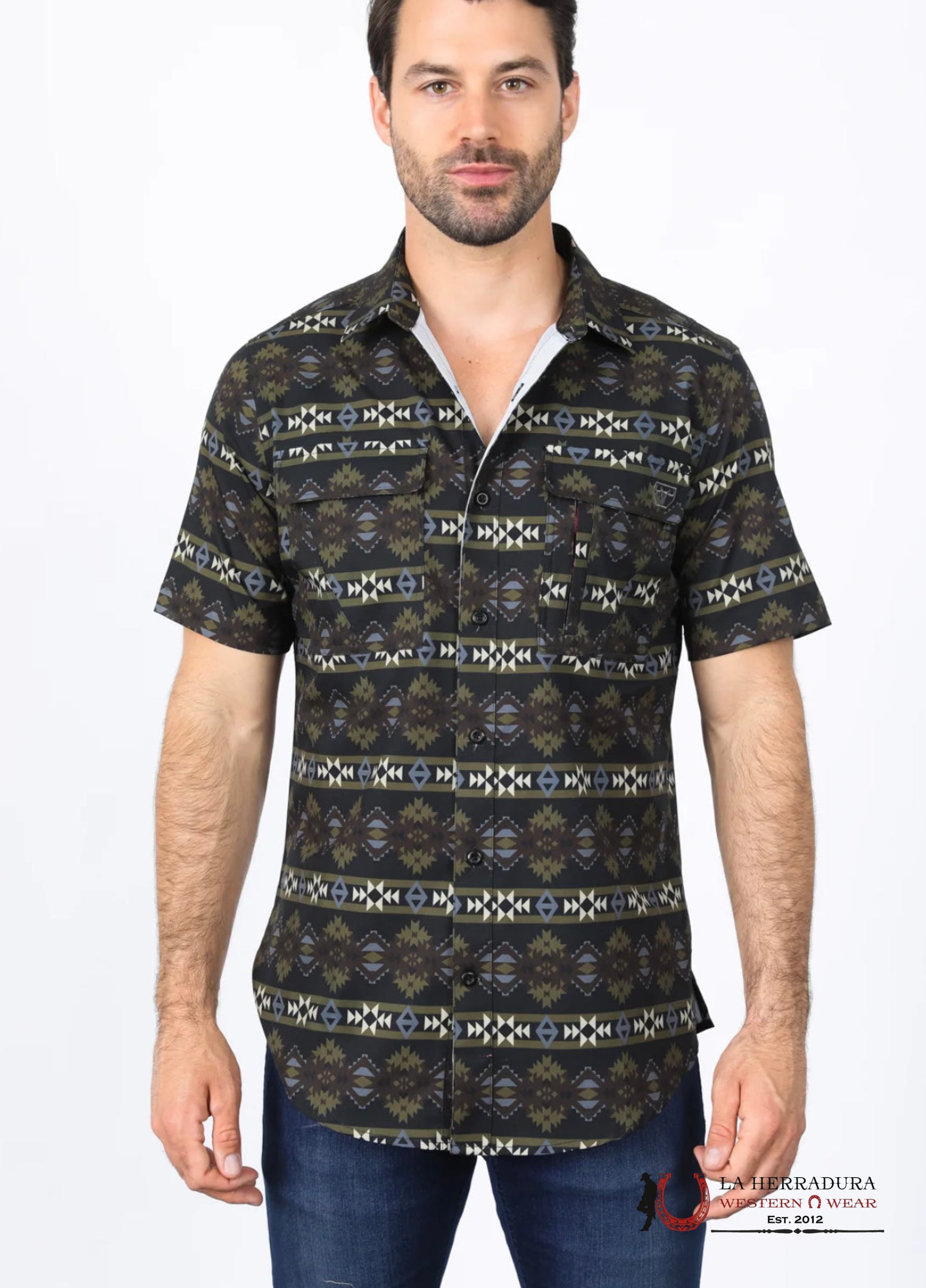 Platini Mens Performance Classic Fit Western Short Sleeve Aztec Print Black Shirt - 0472 Ropa