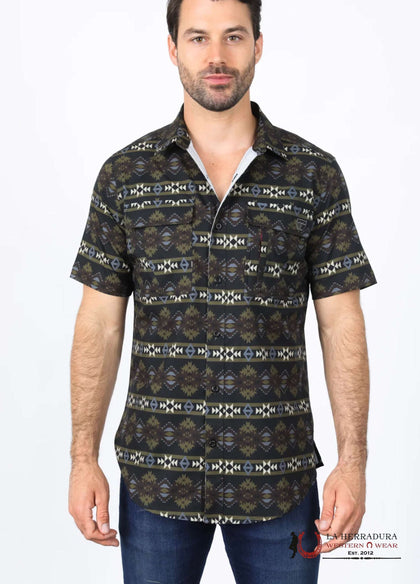 Platini Mens Performance Classic Fit Western Short Sleeve Aztec Print Black Shirt - PGS10472