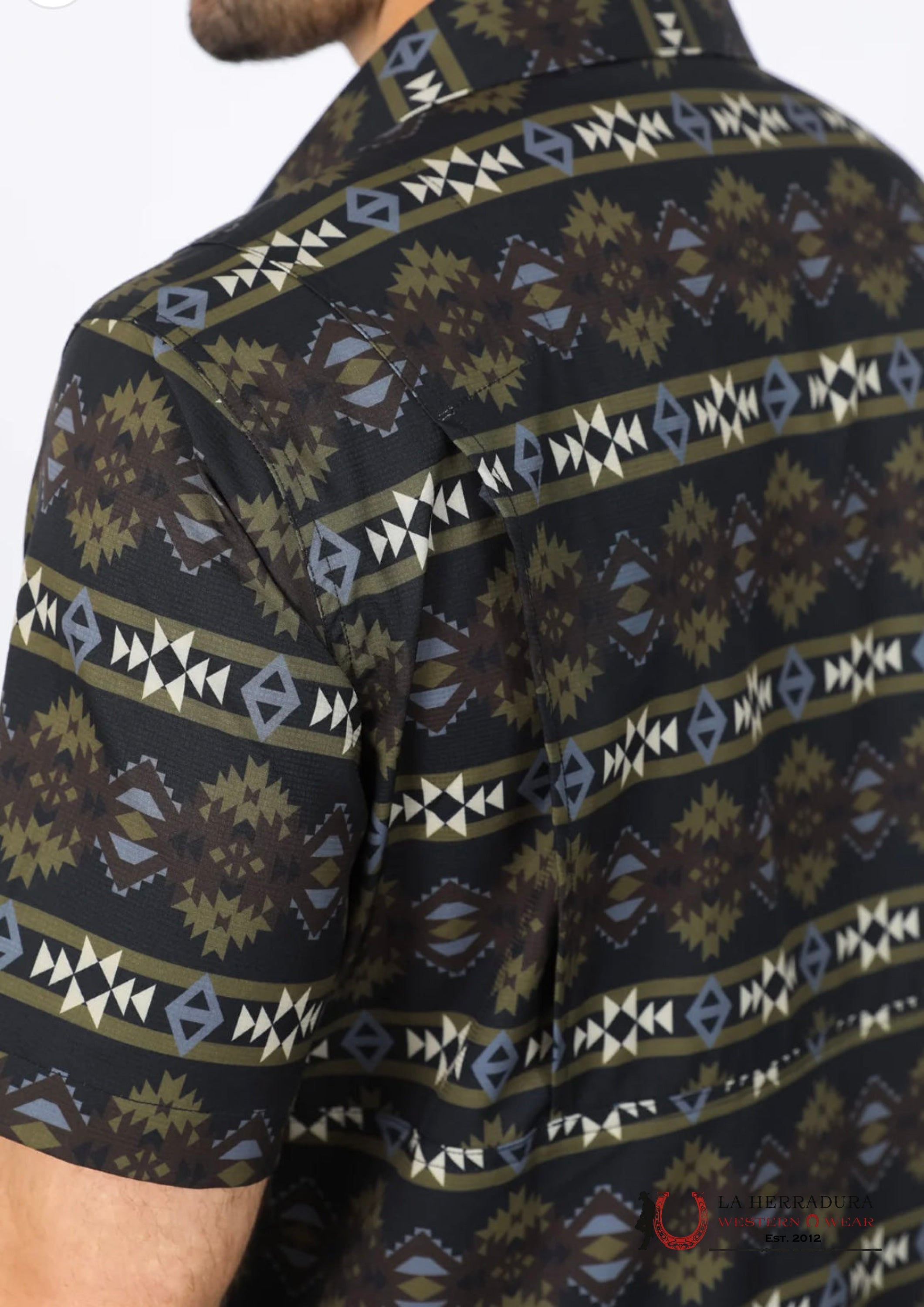 Platini Mens Performance Classic Fit Western Short Sleeve Aztec Print Black Shirt - 0472 Ropa