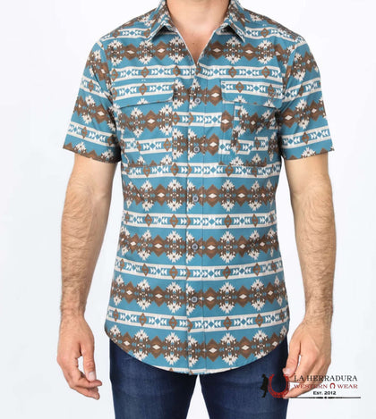 Platini Mens Performance Classic Fit Western Short Sleeve Aztec Print Teal Shirt PGS10475