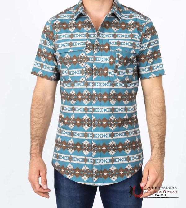 Platini Mens Performance Classic Fit Western Short Sleeve Aztec Print Teal Shirt PGS10475