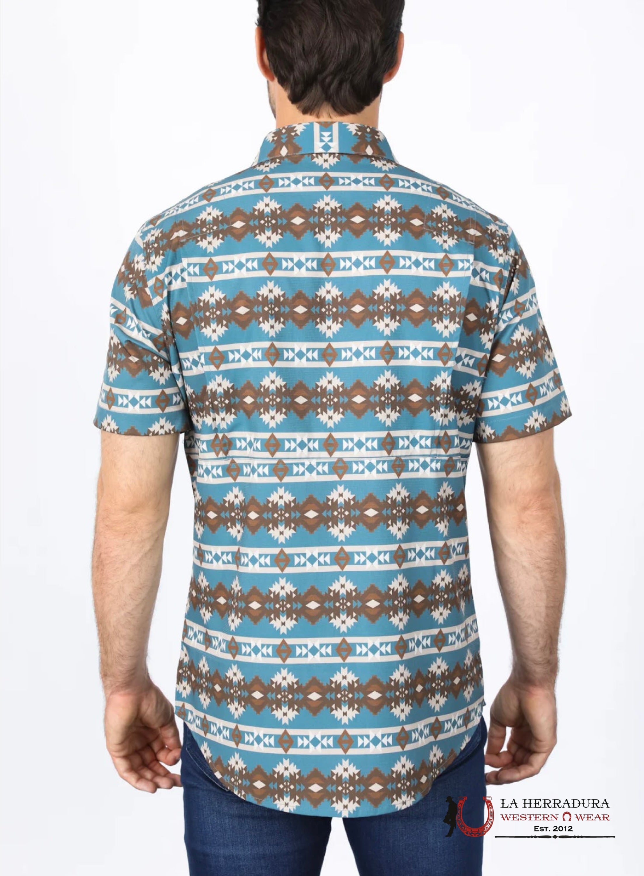 Platini Mens Performance Classic Fit Western Short Sleeve Aztec Print Teal Shirt Ropa Hombres