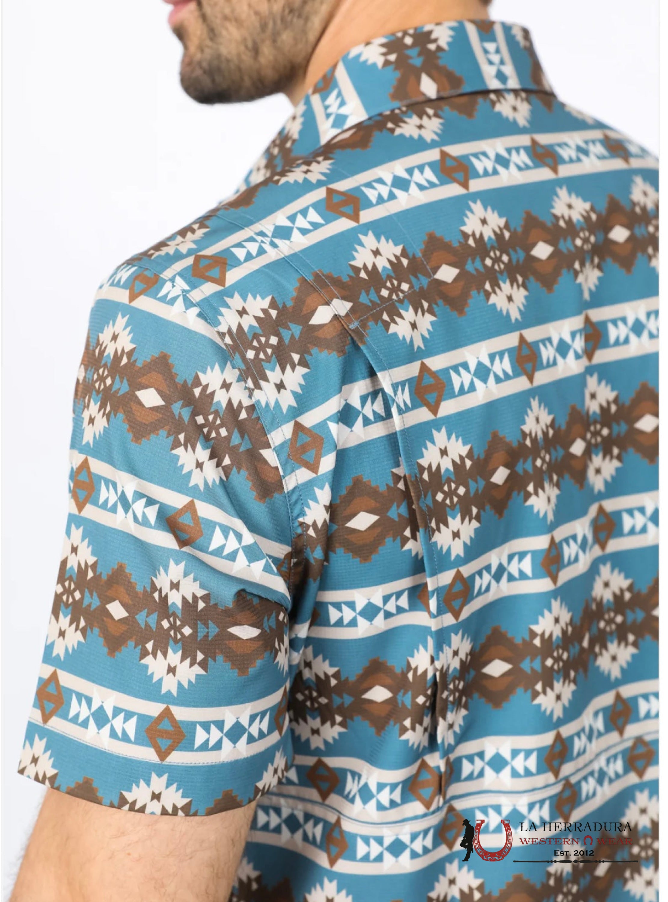 Platini Mens Performance Classic Fit Western Short Sleeve Aztec Print Teal Shirt Ropa Hombres