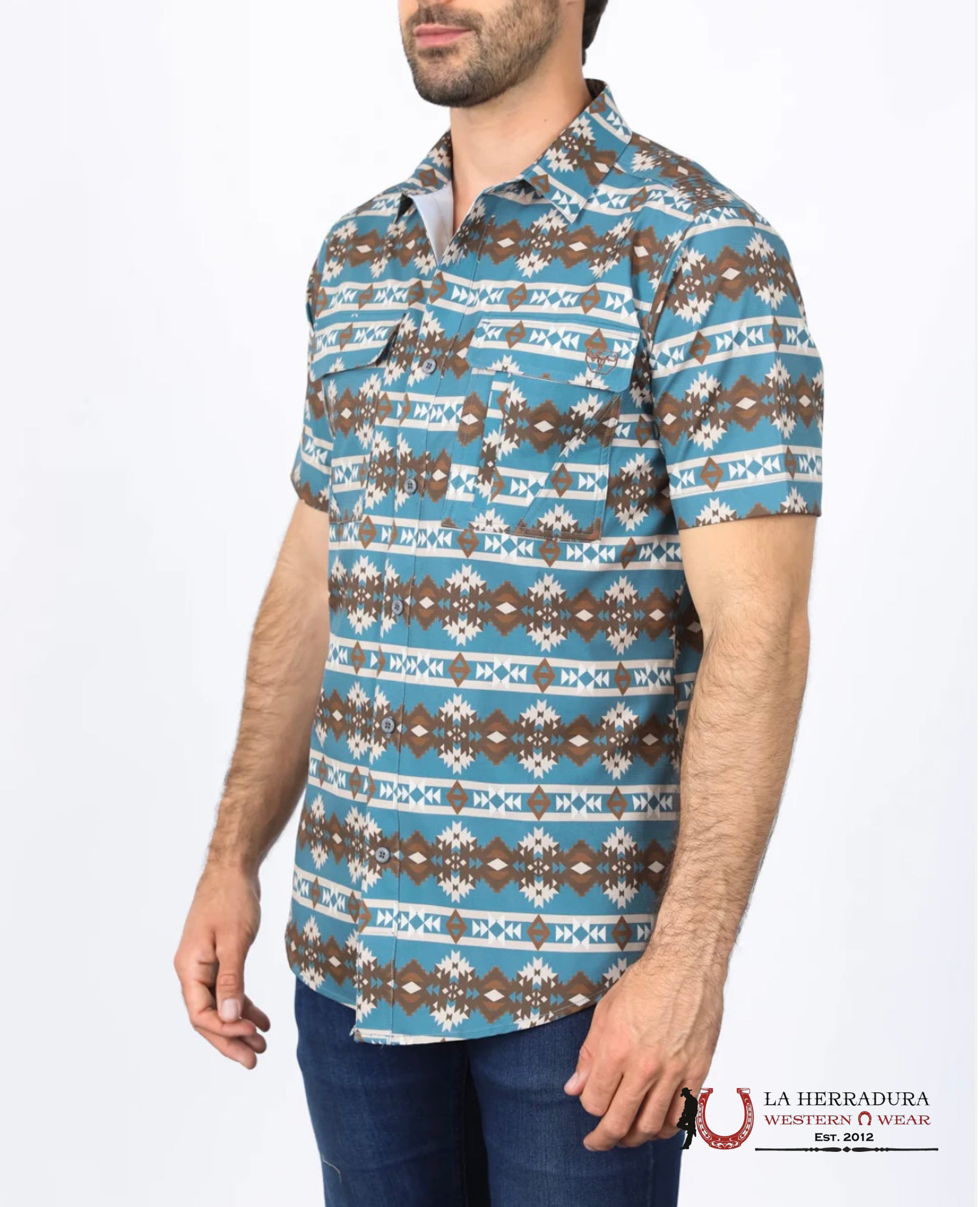 Platini Mens Performance Classic Fit Western Short Sleeve Aztec Print Teal Shirt Ropa Hombres