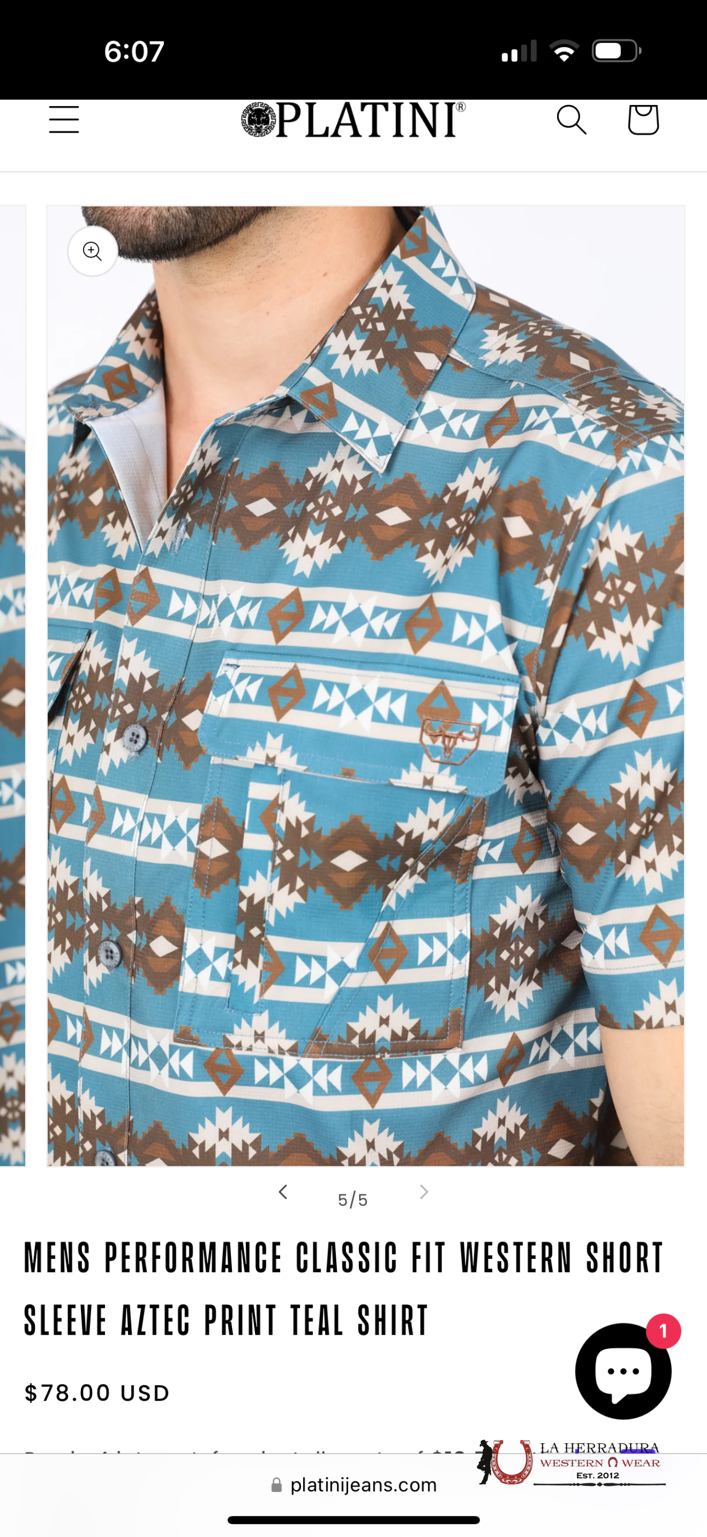 Platini Mens Performance Classic Fit Western Short Sleeve Aztec Print Teal Shirt Ropa Hombres