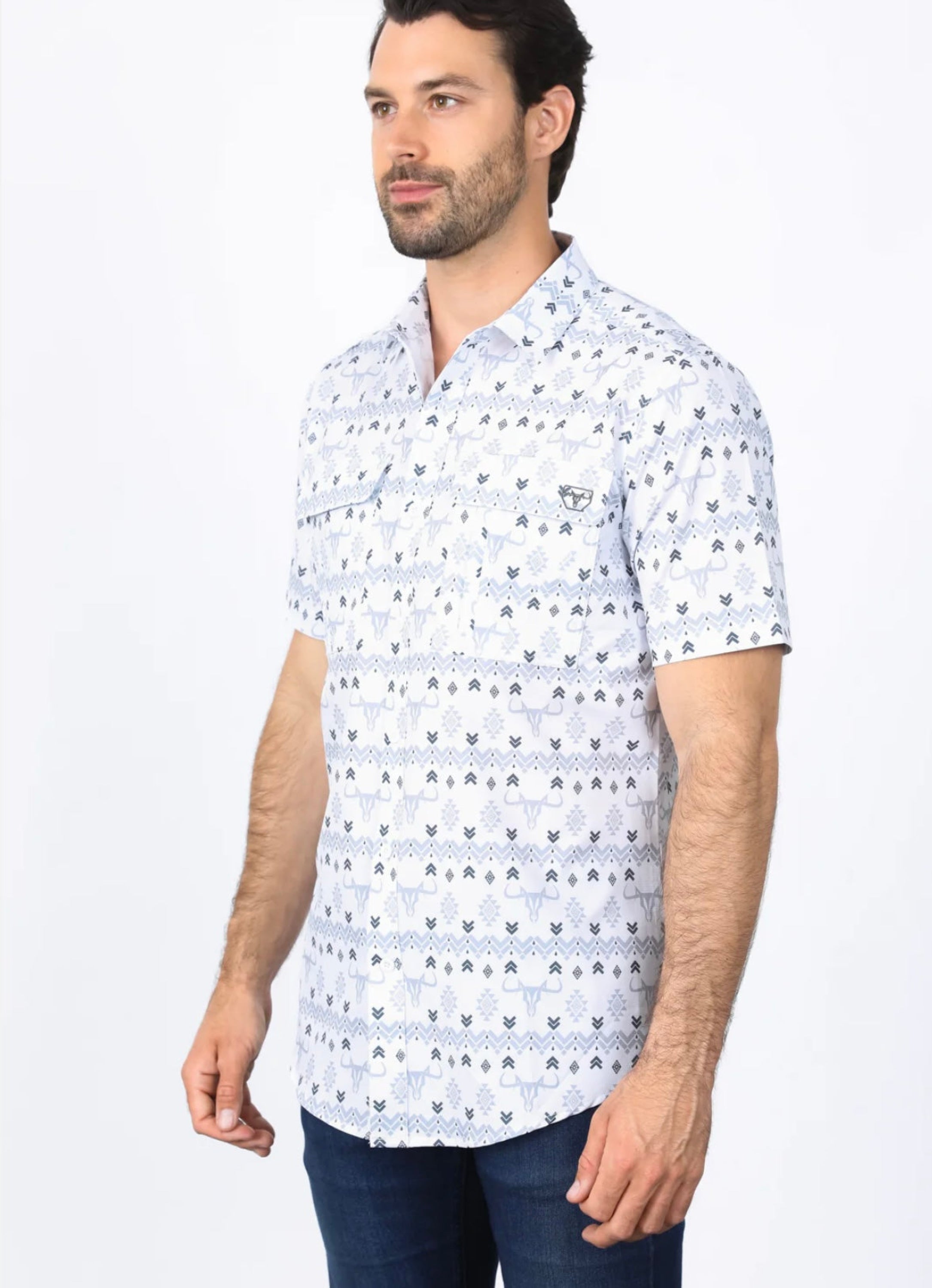Platini Mens Performance Classic Fit Western White Short Sleeve Aztec Print Shirt - 0460 Ropa