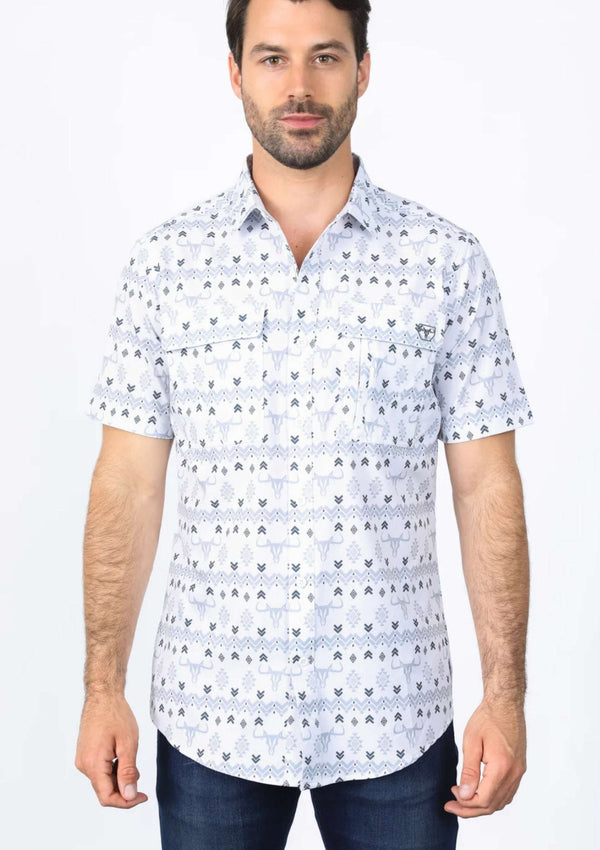 Camisa de Manga Corta Blanca con Estampado Azteca Platini Mens Performance Classic Fit Estilo Western - PGS10460