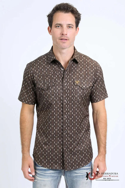 PLATINI MENS PERFORMANCE WESTERN SHORT SLEEVE AZTEC PRINT BLACK SHIRT - PGW10643