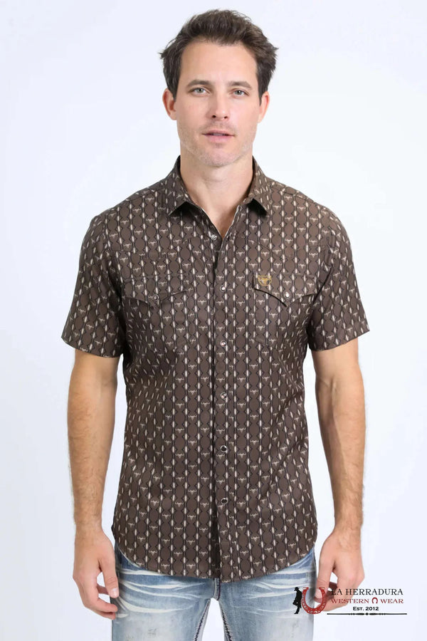 CAMISA NEGRA DE MANGA CORTA ESTAMPADO AZTECA WESTERN PERFORMANCE PARA HOMBRE PLATINI - PGW10643