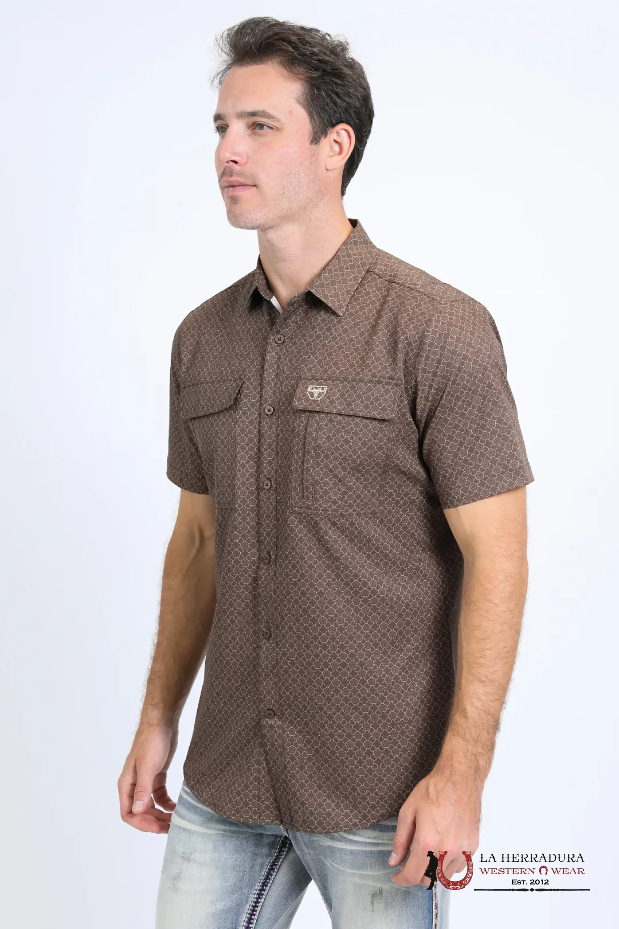 Platini Mens Performance Western Short Sleeve Aztec Print Brown Shirt - 10662 ROPA HOMBRES