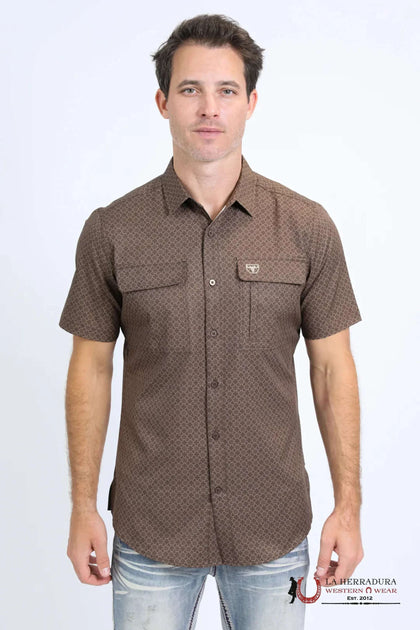 PLATINI MENS PERFORMANCE WESTERNSHORT SLEEVE AZTEC PRINT BROWN SHIRT - PGS10662