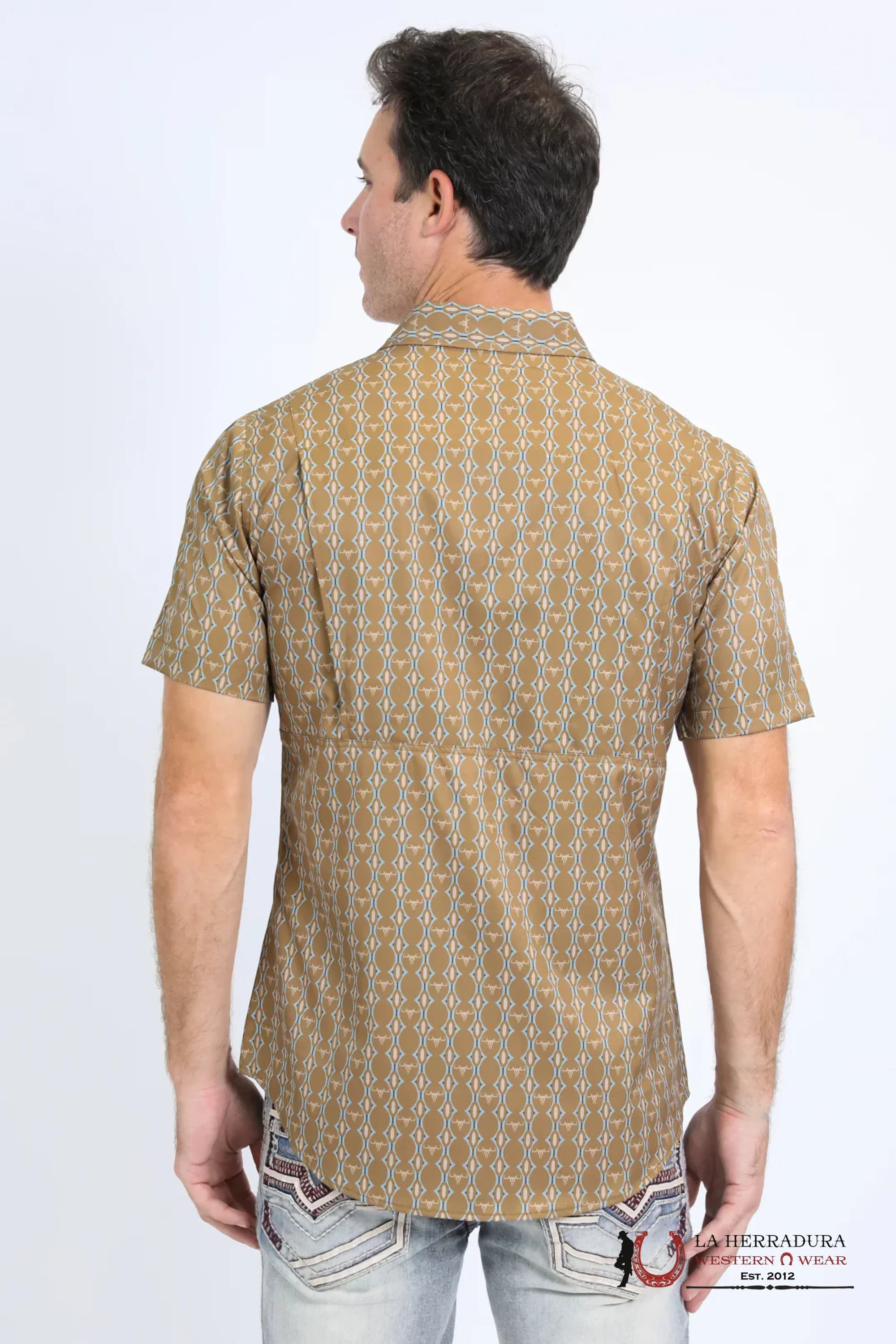 Platini Mens Performance Western Short Sleeve Aztec Print Camel Shirt - 10645 ROPA HOMBRES