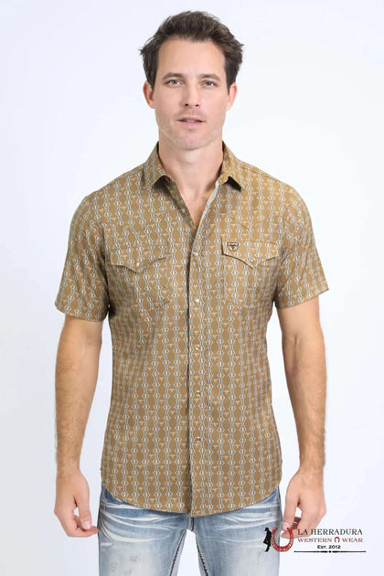 PLATINI MENS PERFORMANCE WESTERN SHORT SLEEVE AZTEC PRINT CAMEL SHIRT - PGW10645
