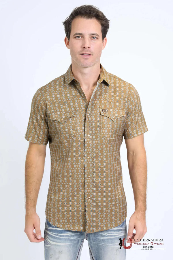 CAMISA AZTECA MANGA CORTA DE RENDIMIENTO PLATINI PARA HOMBRE COLOR CAMEL - PGW10645