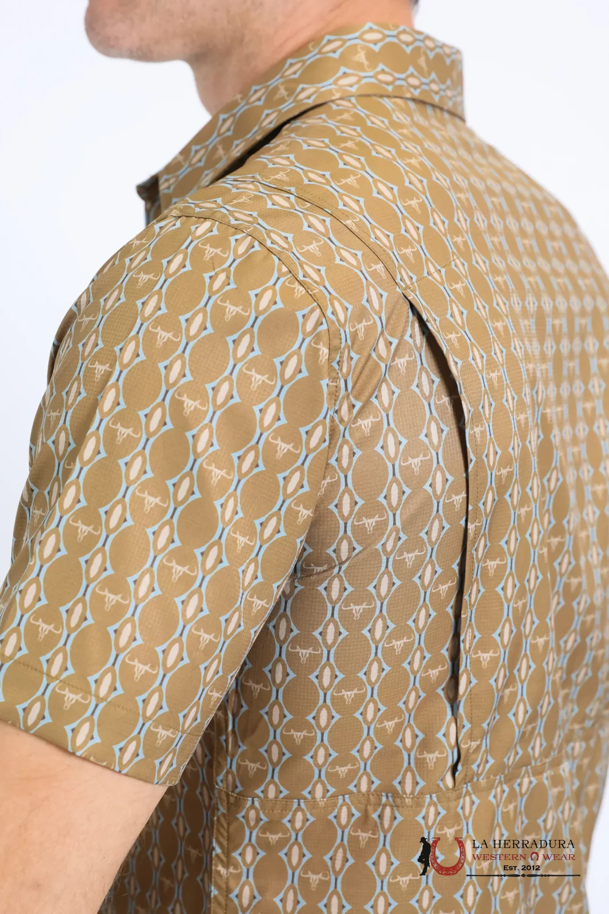 Platini Mens Performance Western Short Sleeve Aztec Print Camel Shirt - 10645 ROPA HOMBRES