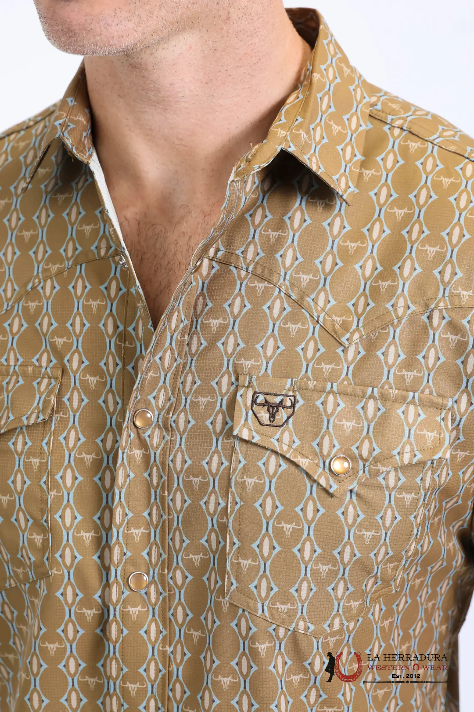 Platini Mens Performance Western Short Sleeve Aztec Print Camel Shirt - 10645 ROPA HOMBRES